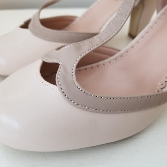 Vintage Style Round Toe T-Strap Two Tone Nude Ladies Heels Size 7 1/2 Brand New - Picture 7 of 11